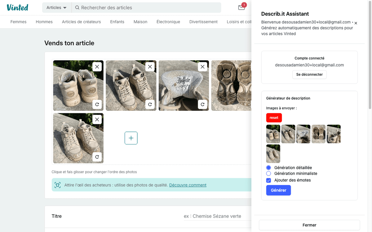 Extension Chrome Describ.it en action sur Vinted